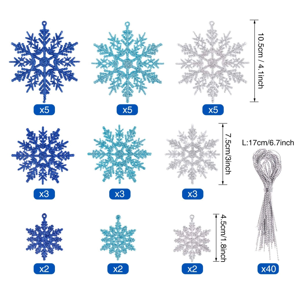 30 fiocchi di neve scintillanti, 3 dimensioni, blu/azzurro/argento