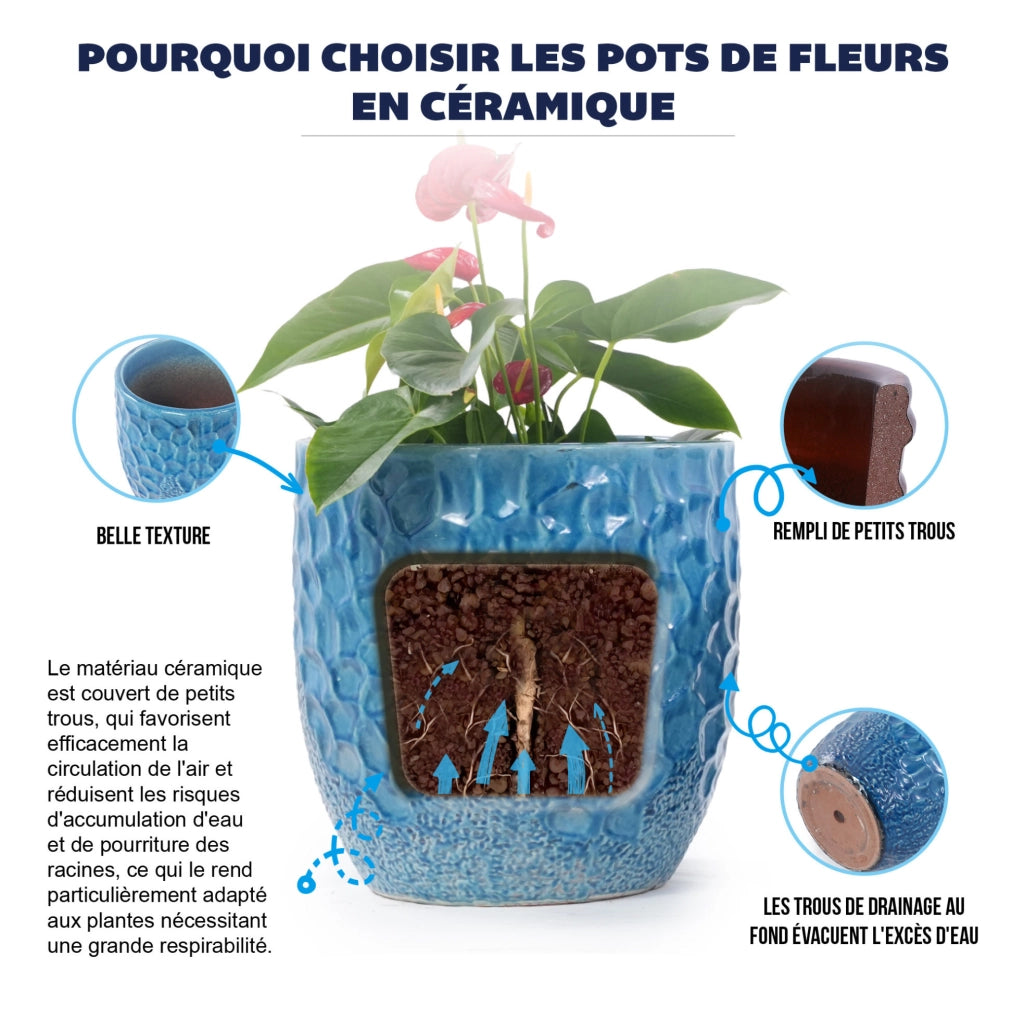 Vaso in ceramica blu lucido Ø 22,5 cm con foro di drenaggio