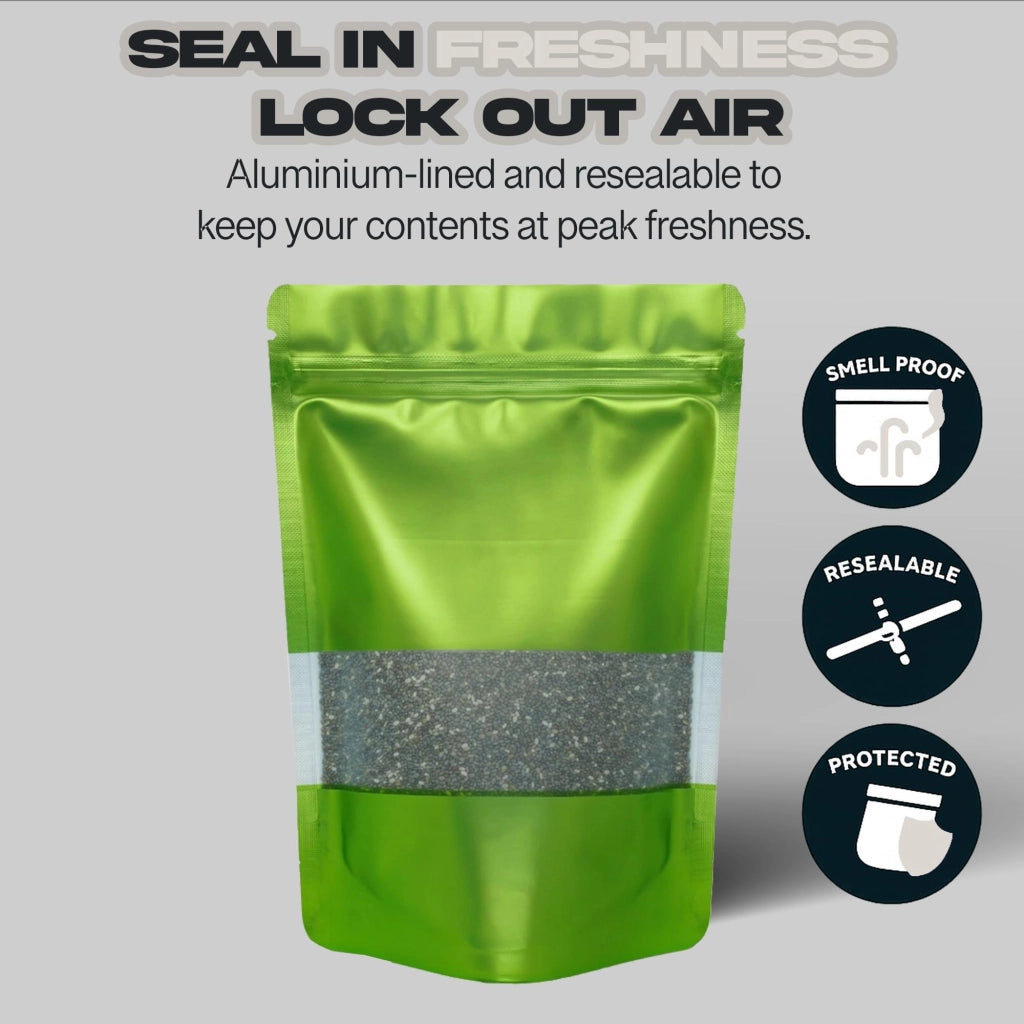 Sacchetti stand-up verde, confezione da 100 pezzi, capacità 3,5 grammi, resistenti agli odori