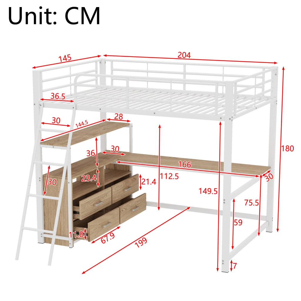 Letto a soppalco 140 × 200 cm con scrivania a L cassetti struttura in metallo e MDF bianco