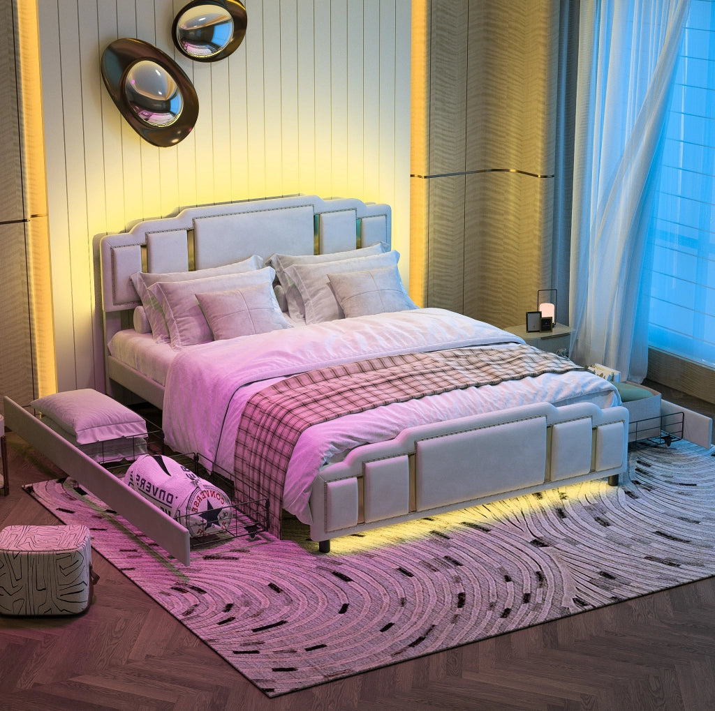 LETTO Imbottito 140x200 cm in velluto beige con LED e 4 cassetti