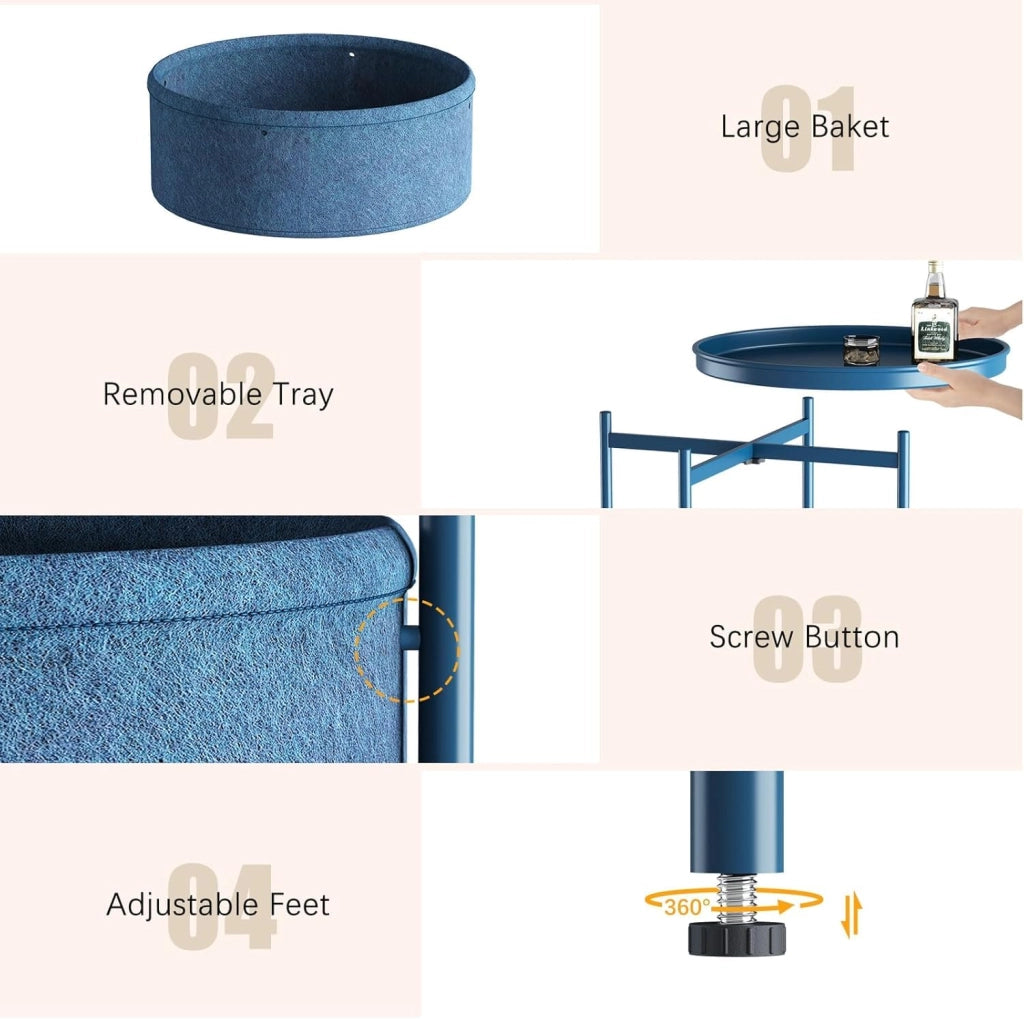 Tavolino rotondo con cesto in tessuto, colore blu, dimensioni 44,3 x 44,3 x 52 cm