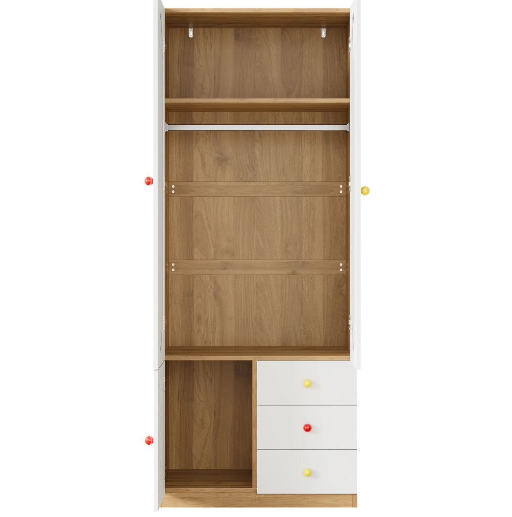 Set armadio a 2 ante e scaffale in MDF, bianco e legno naturale, altezza 200 cm