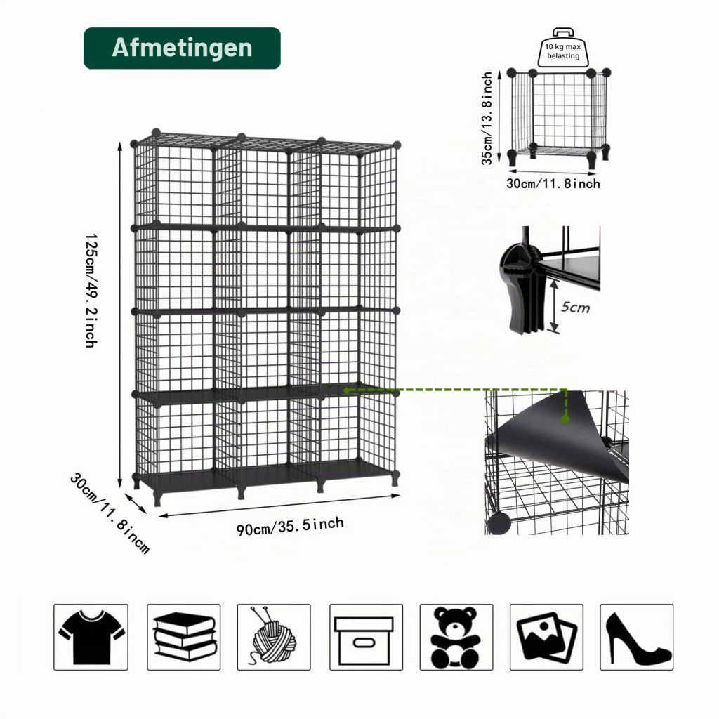 Scaffale modulare a forma di cubi, 12 cubi, colore nero, da assemblare, impilabile, 30 cm (11,8 pollici)
