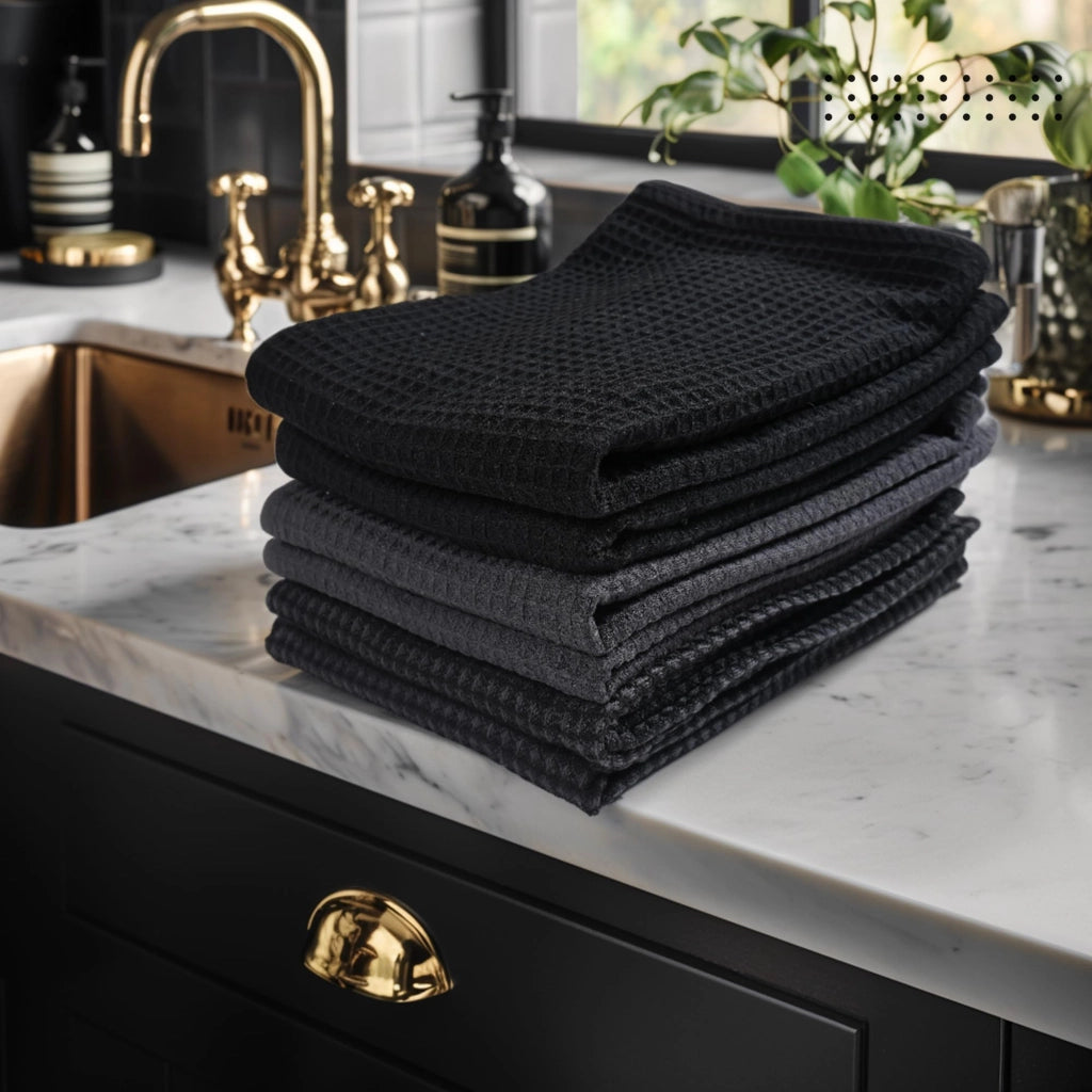 Set di strofinacci da cucina, 6 pezzi, in cotone, tessuto waffle, colore grigio e nero, dimensioni 70x45 cm