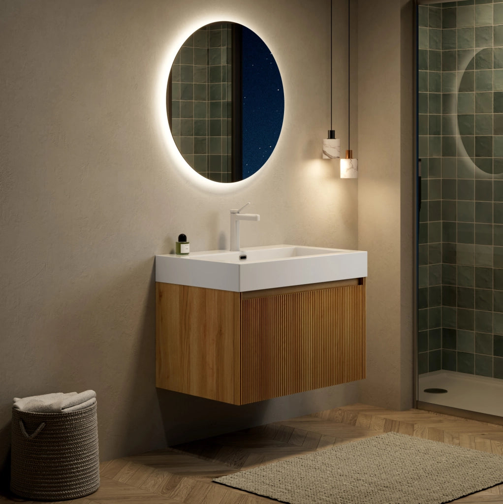Mobile bagno sospeso 70 cm con lavabo integrato in resina bianca e corpo in compensato effetto quercia naturale