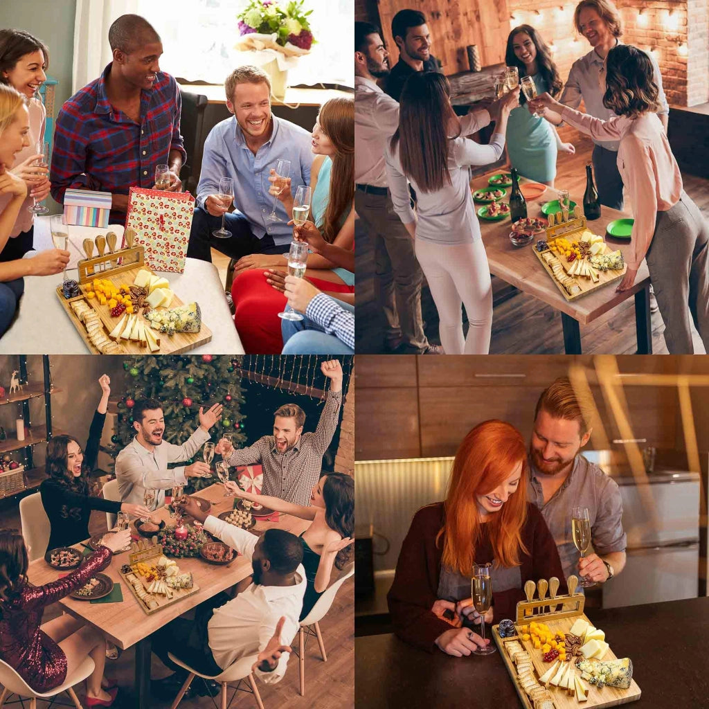 Tagliere per formaggi in bambù con 4 coltelli, 35x28 cm, vassoio da portata