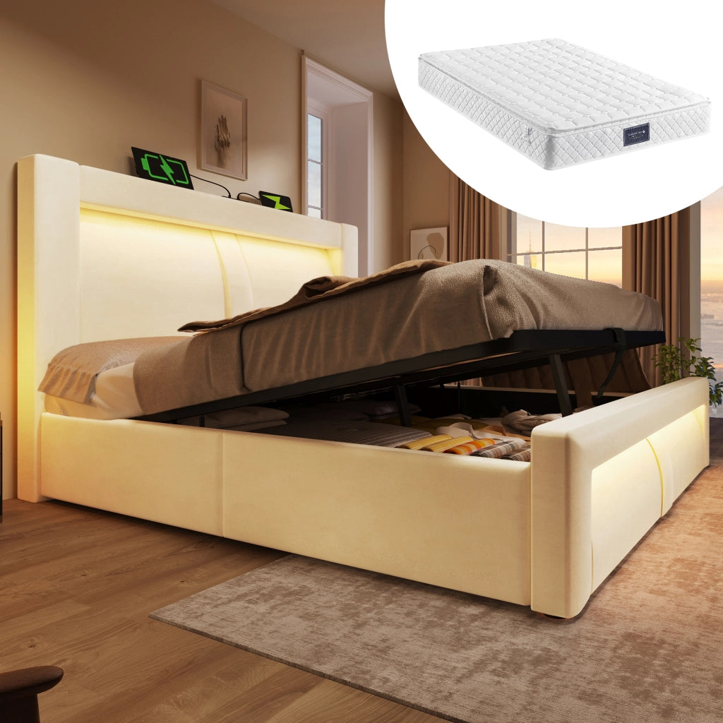 Letto contenitore 160 ¡Á 200 cm con LED e porte USB Type-C rivestito in velluto grigio