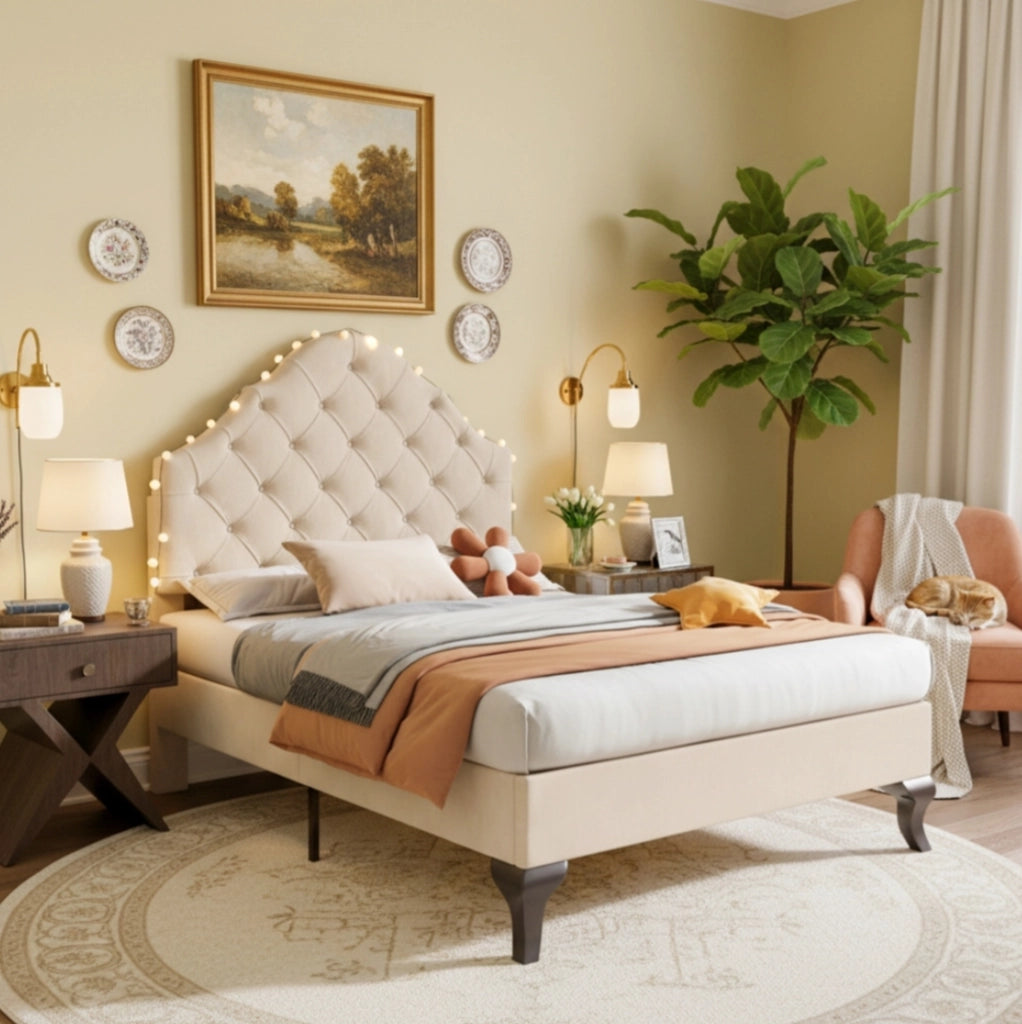 Letto singolo imbottito 90x200 cm con testata regolabile in altezza, rete a doghe in legno, velluto beige