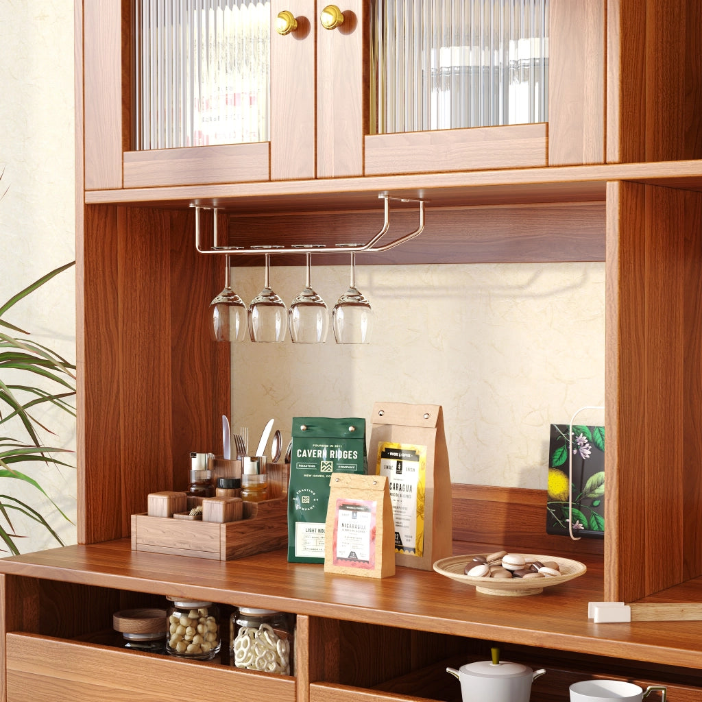 Credenza alta 145 × 39 × 171 cm in MDF marrone noce con porta in vetro scanalato portabottiglie cassetti e ripiani