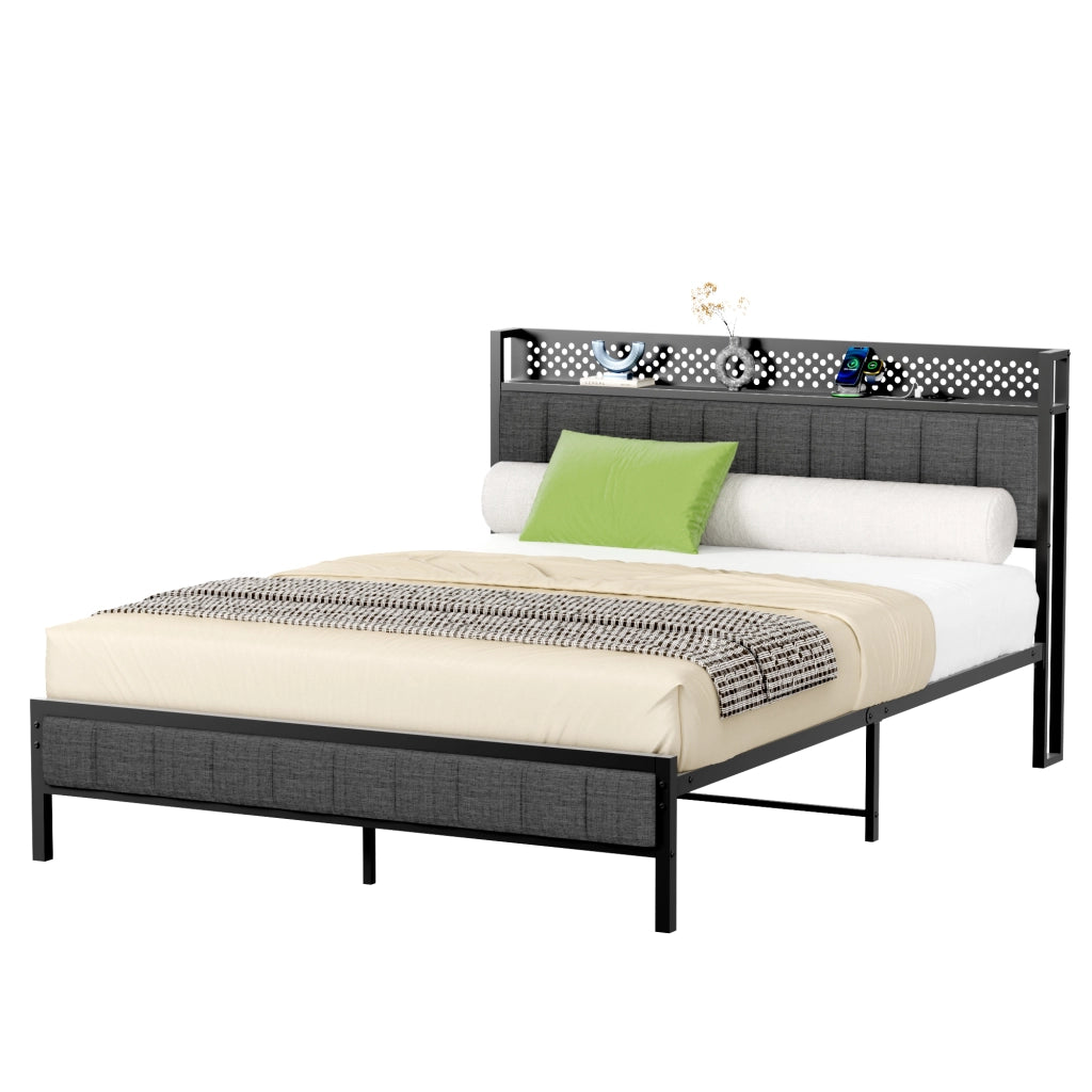 Letto matrimoniale 140x200 cm in metallo con testiera USB e ripiano; nero