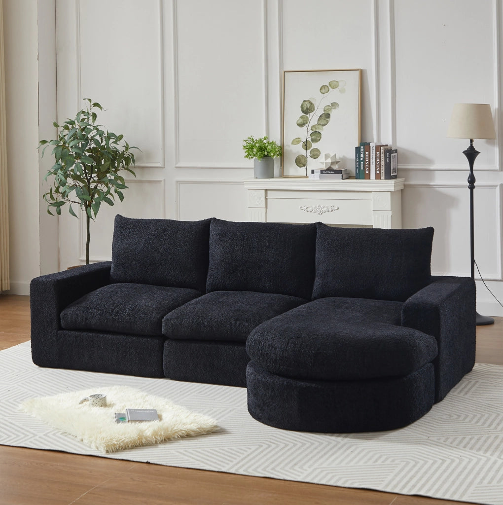 Divano modulare con chaise longue reversibile in ciniglia nera