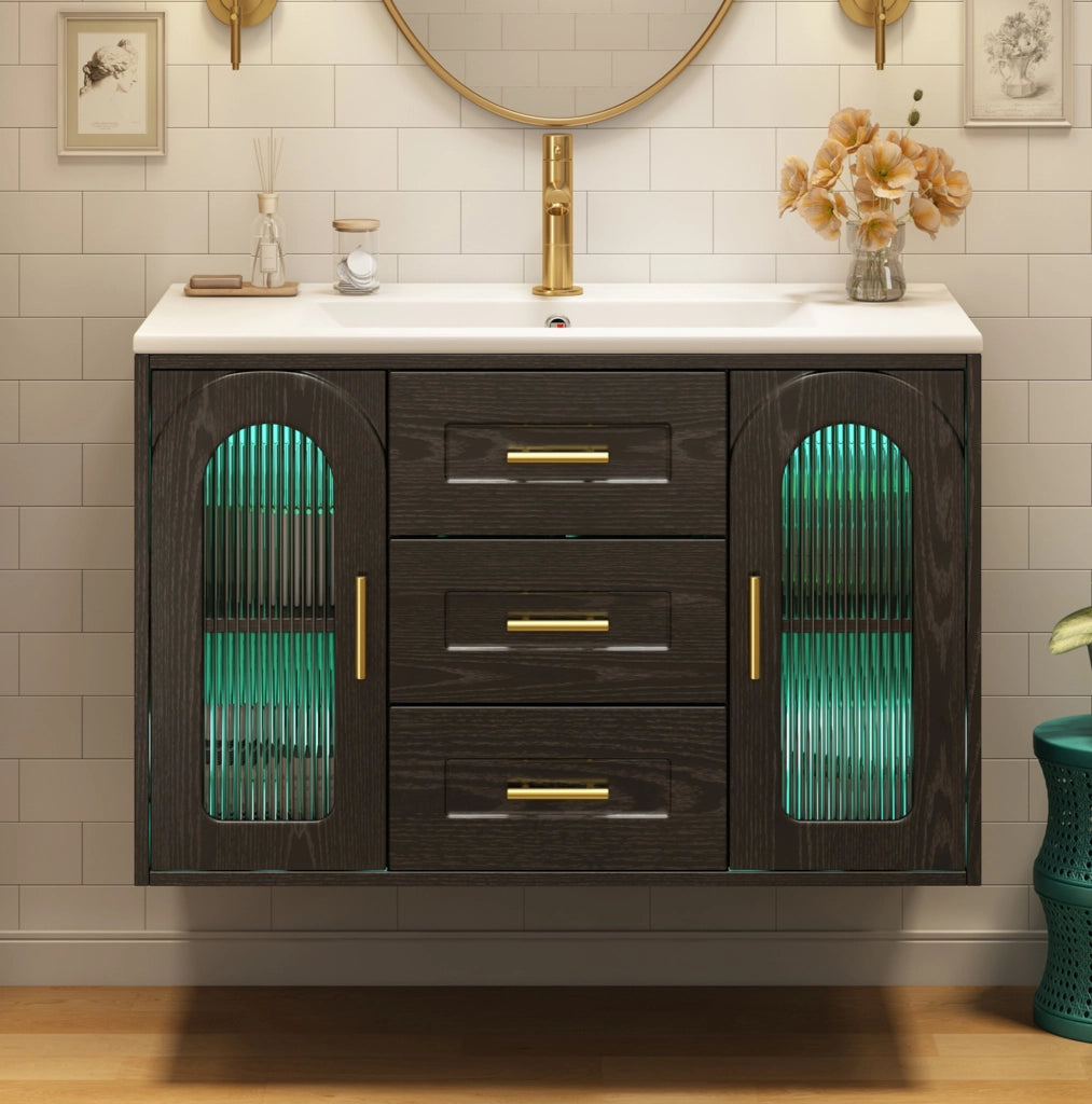 Mobile lavabo sospeso 76x46x55 cm in MDF nero con lavabo in ceramica e LED