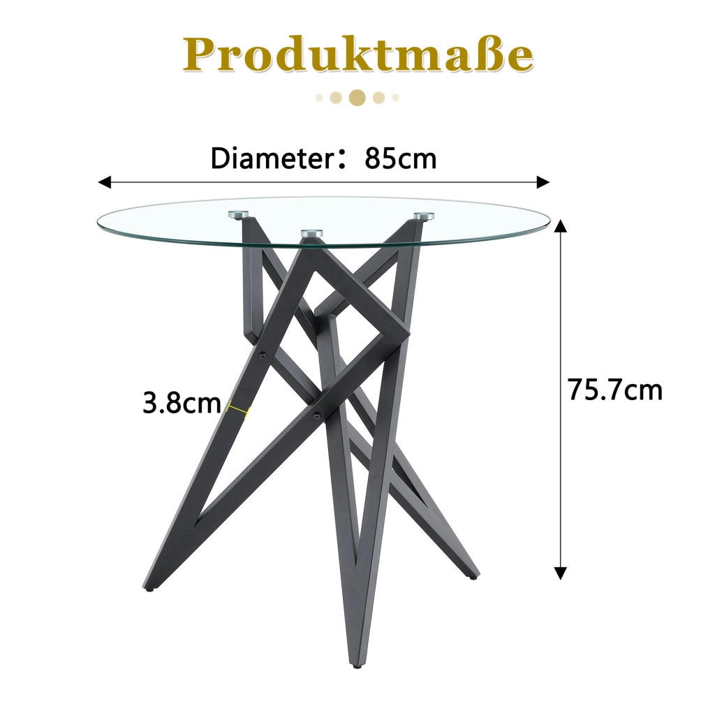Tavolino da salotto rotondo 85 cm altezza 75,7 cm in vetro temperato e metallo nero con base geometrica