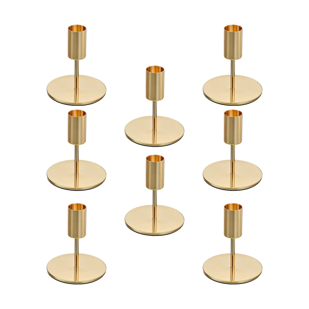 Set di 8 portacandele dorati in metallo, altezza 9,5 cm, per candele cilindriche di diametro 2,2 cm