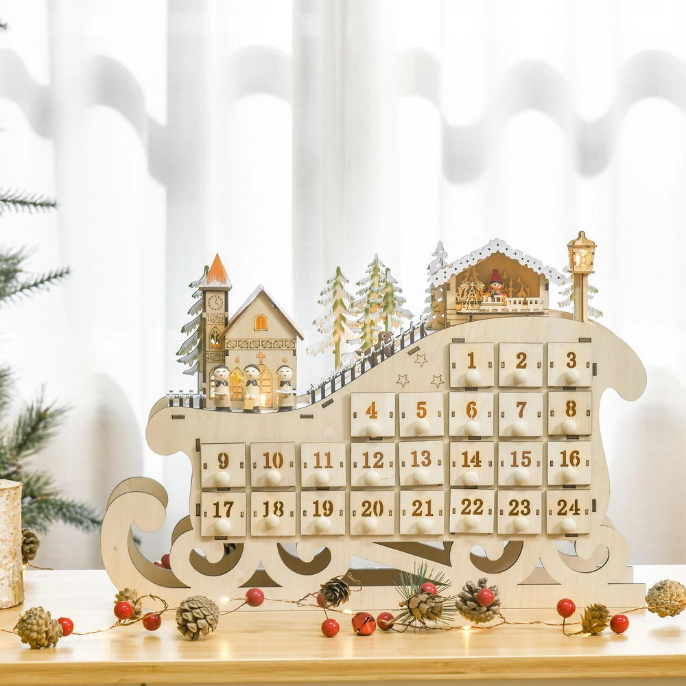 Calendario dell'Avvento in legno a forma di slitta con 10 LED bianco caldo e 24 cassetti, decorazione natalizia per casa
