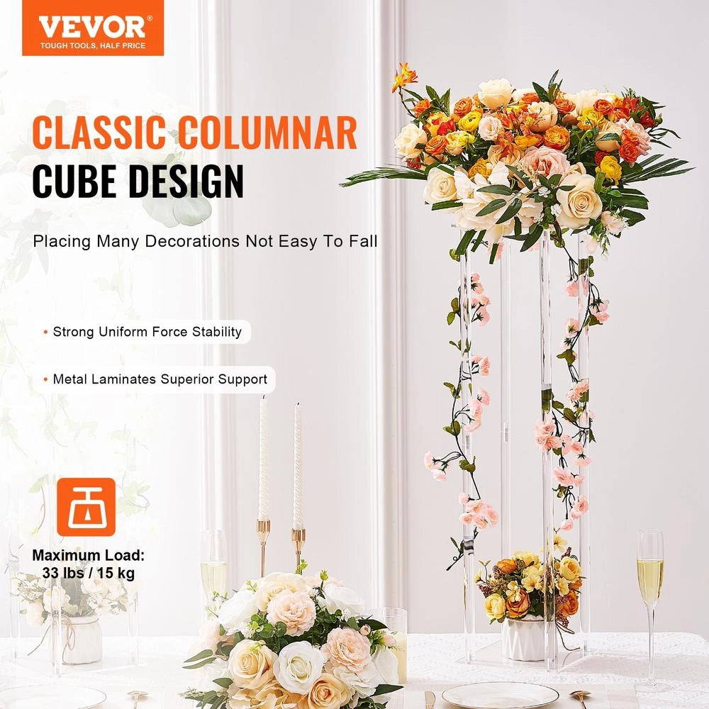 Set 2 Supporti per Fiori a Colonna Cubica in Acrilico Trasparente, Espositore Vaso Alto 80cm Robusto per Matrimonio e Feste