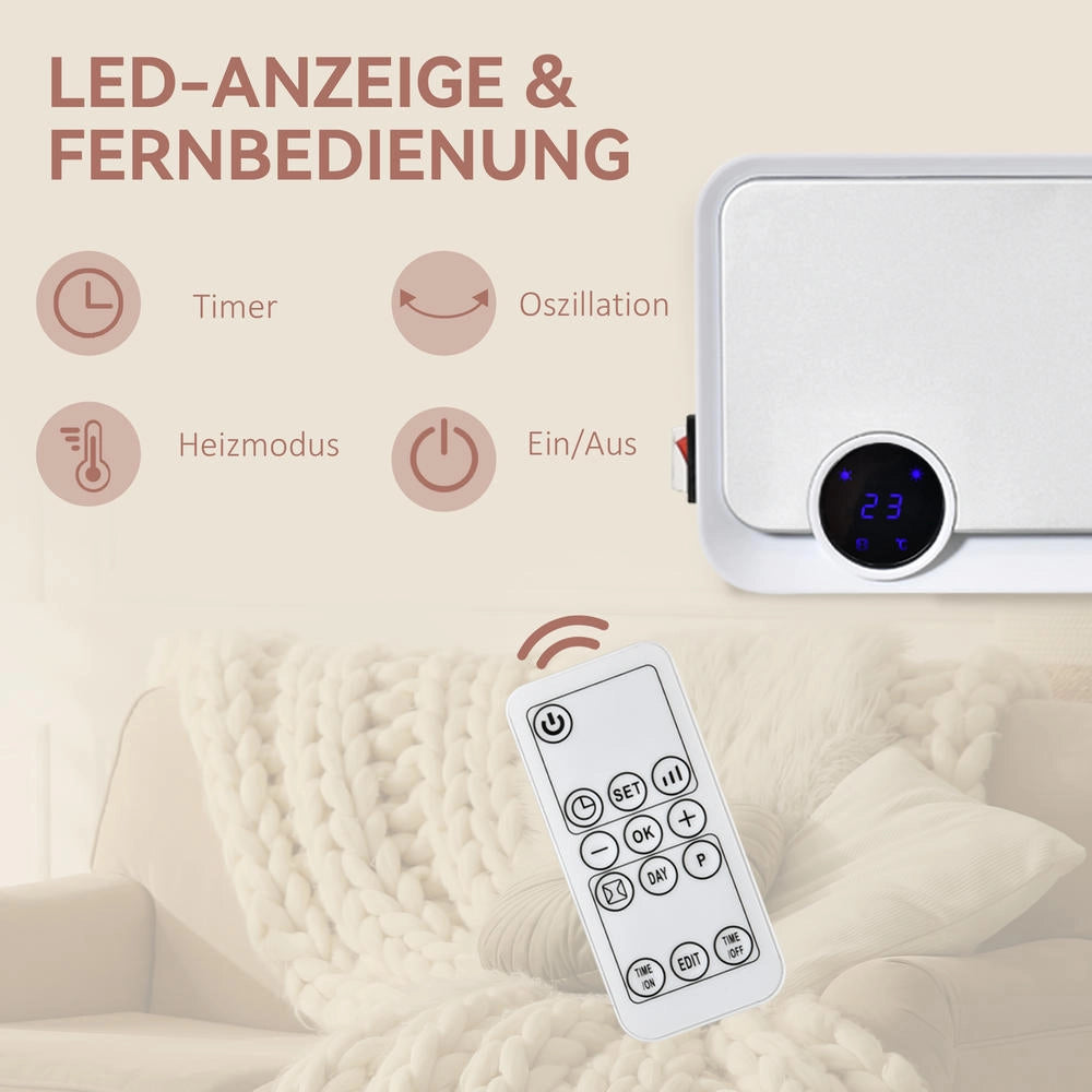 Termoventilatore da parete ceramico PTC 2000W con telecomando display LED timer 12h e 3 modalità per casa e ufficio