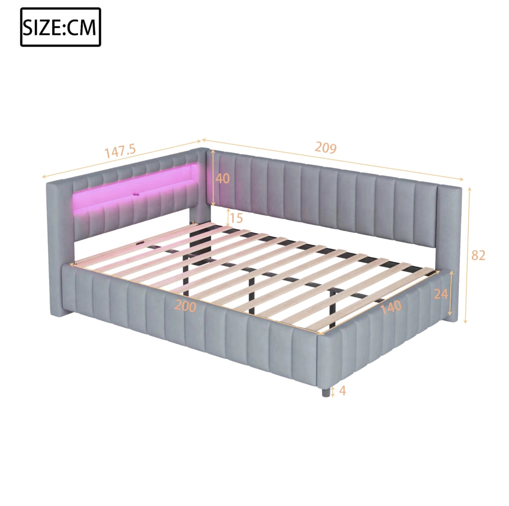 Letto Divano Letto Imbottito in Velluto 140x200 cm con LED e Porta USB, Struttura Larga e Resistente, Grigio