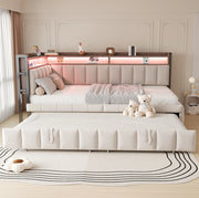 Divano letto estraibile 90 x 200 cm in velluto beige con LED e prese USB e tipo C