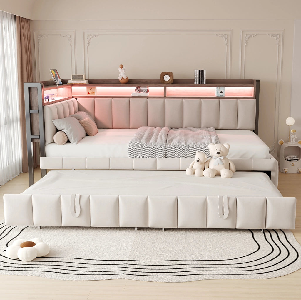 Divano letto estraibile 90 x 200 cm in velluto beige con LED e prese USB e tipo C