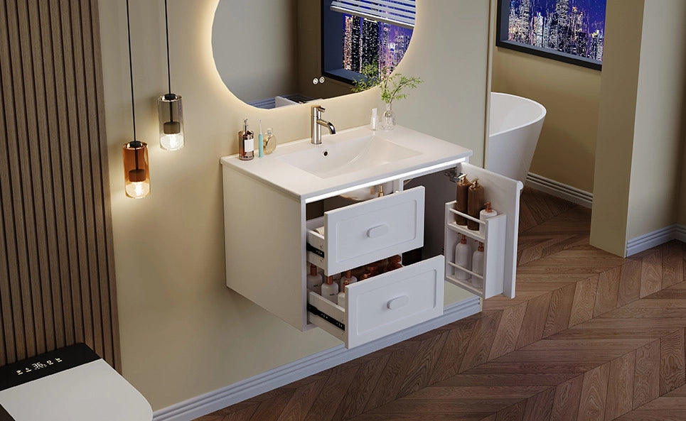 Mobile bagno sospeso bianco 76x46x51 cm con lavabo in ceramica integrato e illuminazione LED a sensore radar