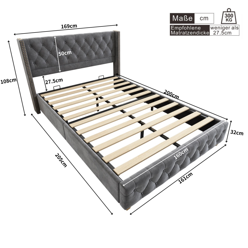 Letto imbottito 160x200 cm con rete a doghe, testiera con bottoni e borchie, gambe in legno, velluto grigio