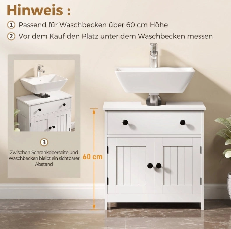 Mobile bagno bianco moderno con anta doppia, cassetto e chiusura soft-close, ideale per lavabo senza piedistallo