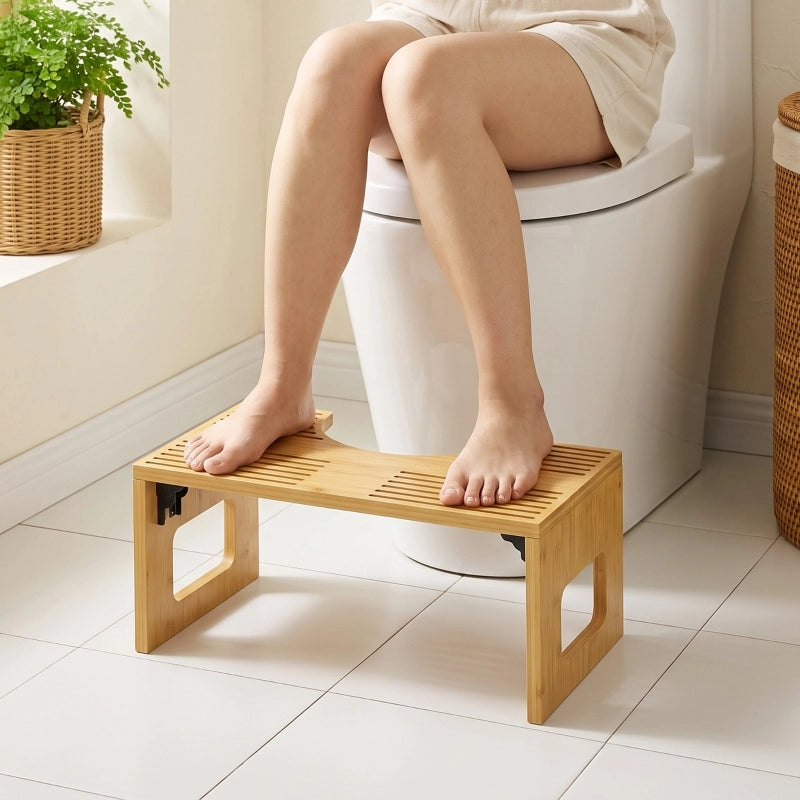 Sgabello per WC pieghevole in bambù color rovere con superficie a U e doppio sistema antiscivolo portata 130 kg