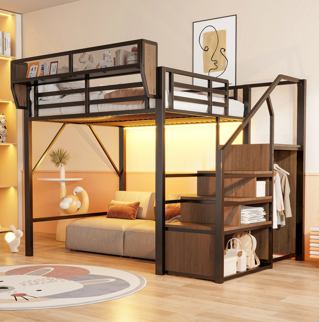 Letto a soppalco 140 × 200 cm con LED multicolore; scala e ripiano regolabile; metallo nero