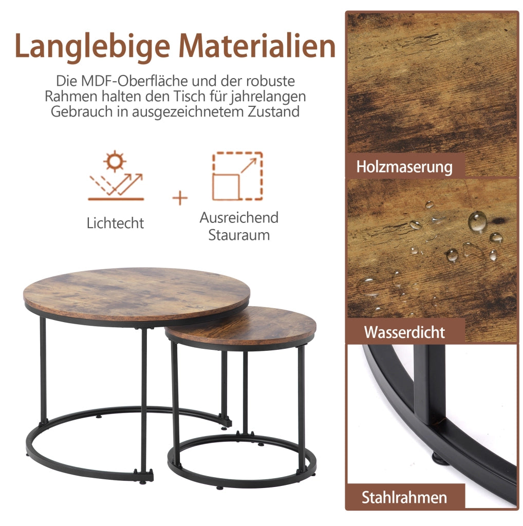 Set da 2 tavolini da caffè rotondi impilabili, tavolini bassi in MDF effetto legno marrone con struttura in metallo, salvaspazio per soggiorno moderno