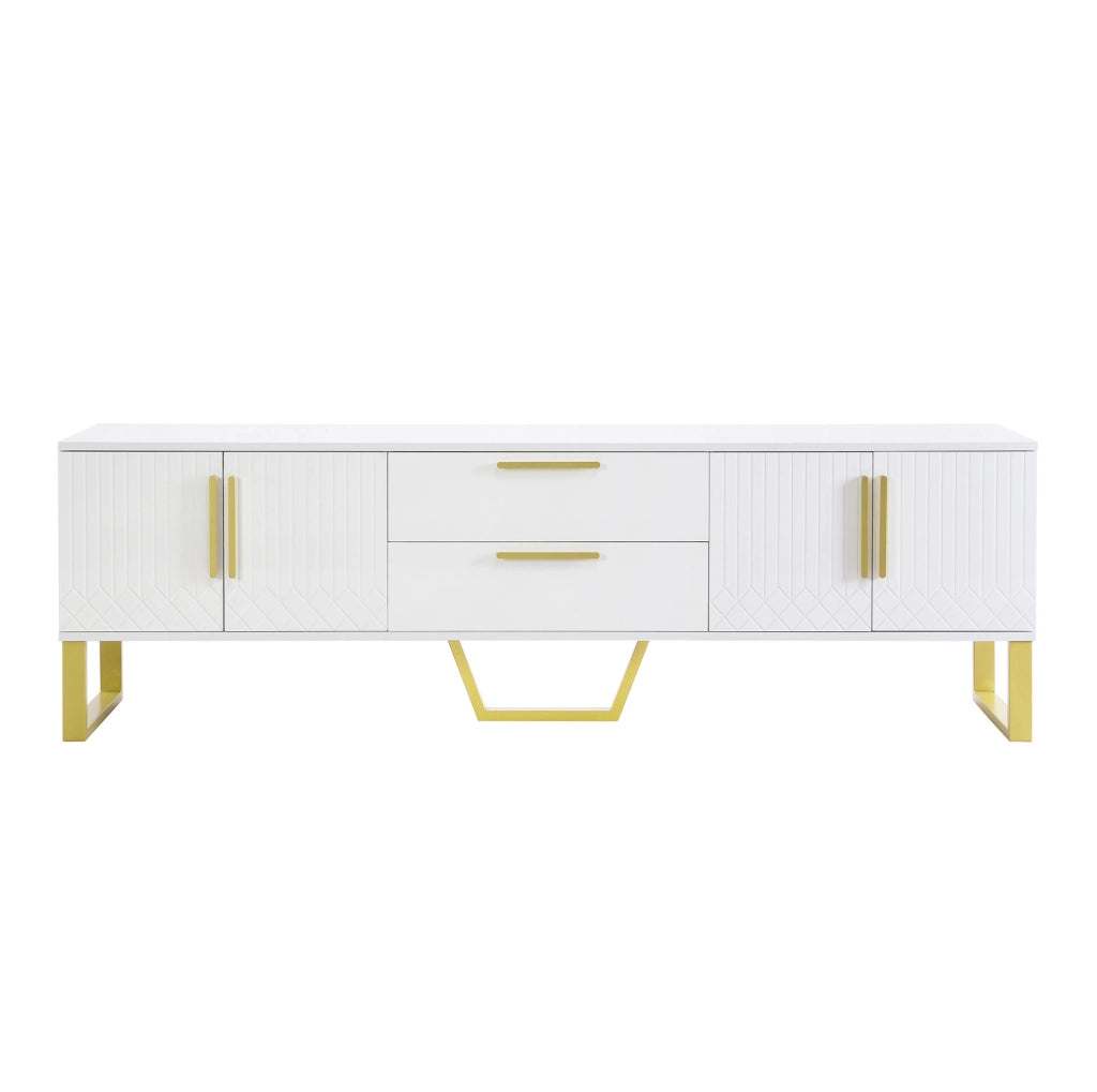 Mobile TV laccato lucido bianco con 4 ante, 2 cassetti centrali, dettagli dorati, passacavi e struttura in MDF per soggiorno elegante