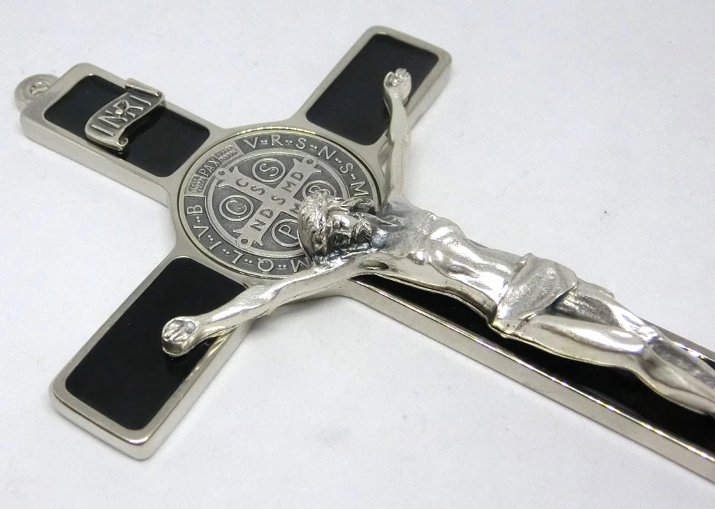 Croce di San Benedetto, smaltata a mano, argento, 20 cm, nera