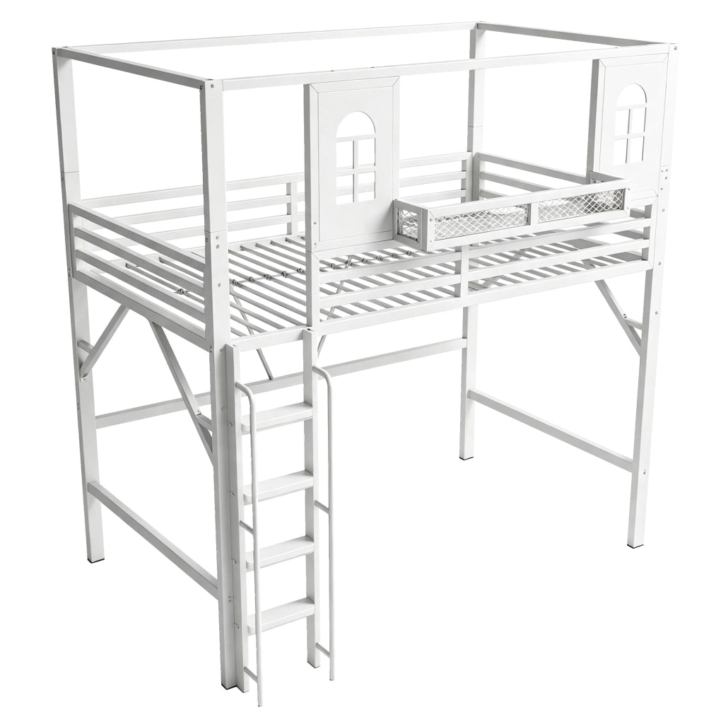 Letto a soppalco 90 x 200 cm con tetto e ripiano, bianco