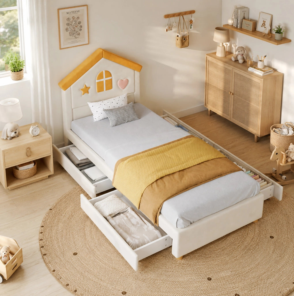 Letto imbottito per bambini 90 x 200 cm beige con 4 cassetti