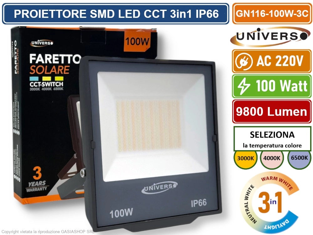 UNIVERSO GN116-100W-3C FARO PROIETTORE SMD LED FLOODLIGHT 100W SLIM IP66 COLORE GRIGIO CCT 3in1 COLORE LUCE SELEZIONABILE