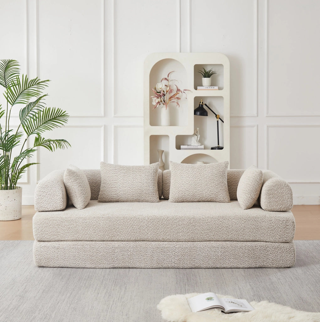 Divano letto modulare 4 in 1 in ciniglia beige con 4 cuscini