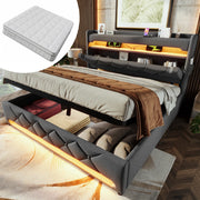Letto matrimoniale contenitore 180 × 200 cm con testiera in lino grigio materasso LED USB type c idraulico