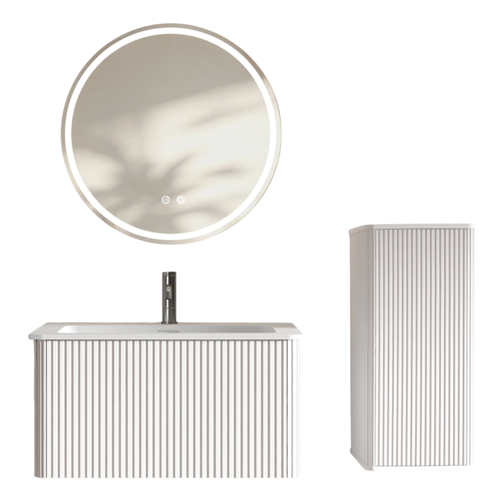 Mobile bagno con lavabo e specchio LED 80 cm bianco con mobile laterale