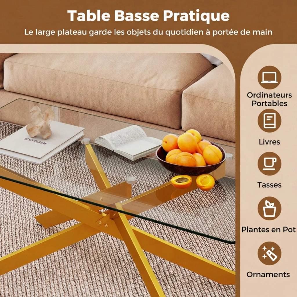 Tavolino da Salotto Rettangolare in Vetro Temperato e Metallo Dorato, Tavolo Basso Moderno Robusto per Soggiorno 120 x 60 x 45.5 cm
