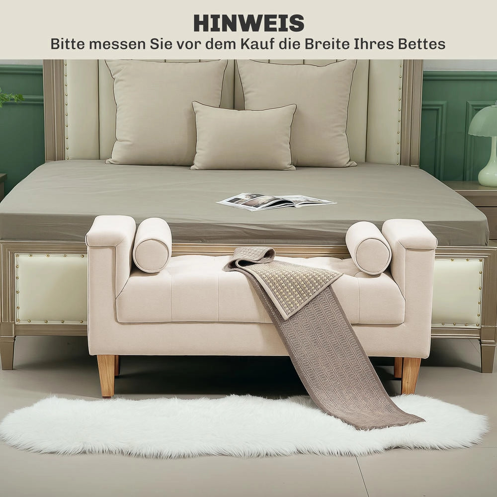 Panca Imbottita Vintage in Ciniglia Beige con 2 Cuscini e Braccioli per Ingresso e Camera da Letto 115 x 44 x 58 cm