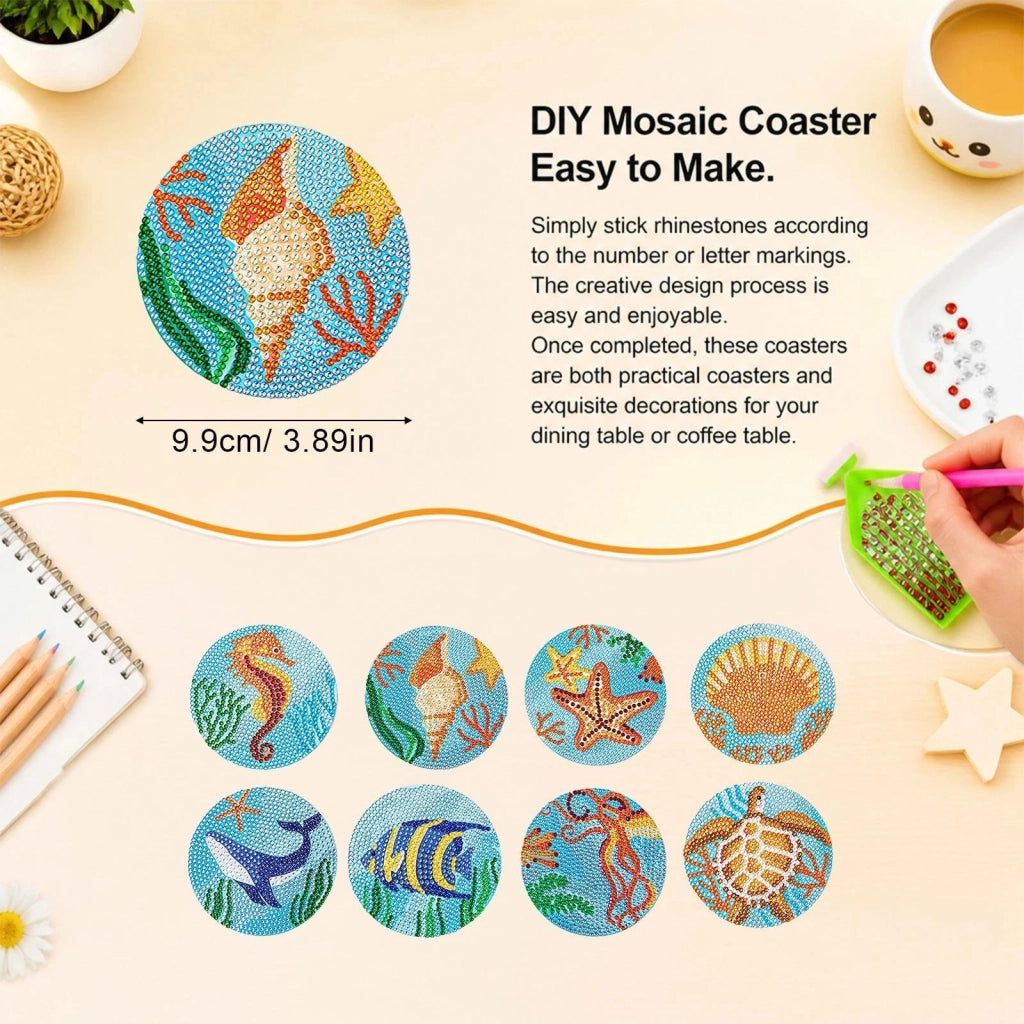 8 sottobicchieri per diamond painting con supporto, motivo: oceano