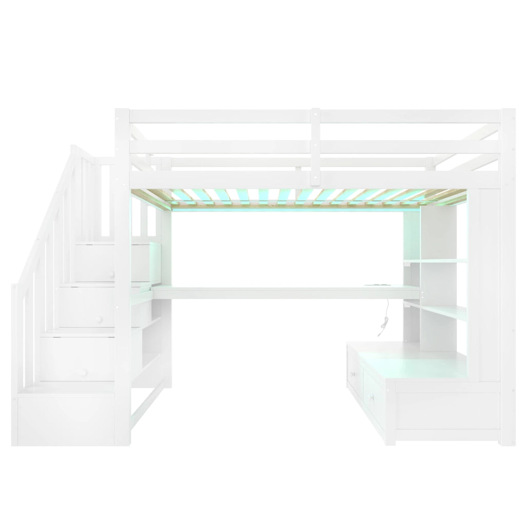 Letto a soppalco 90x200 con scrivania; scala contenitore e 2 cassetti; in pino e MDF; bianco