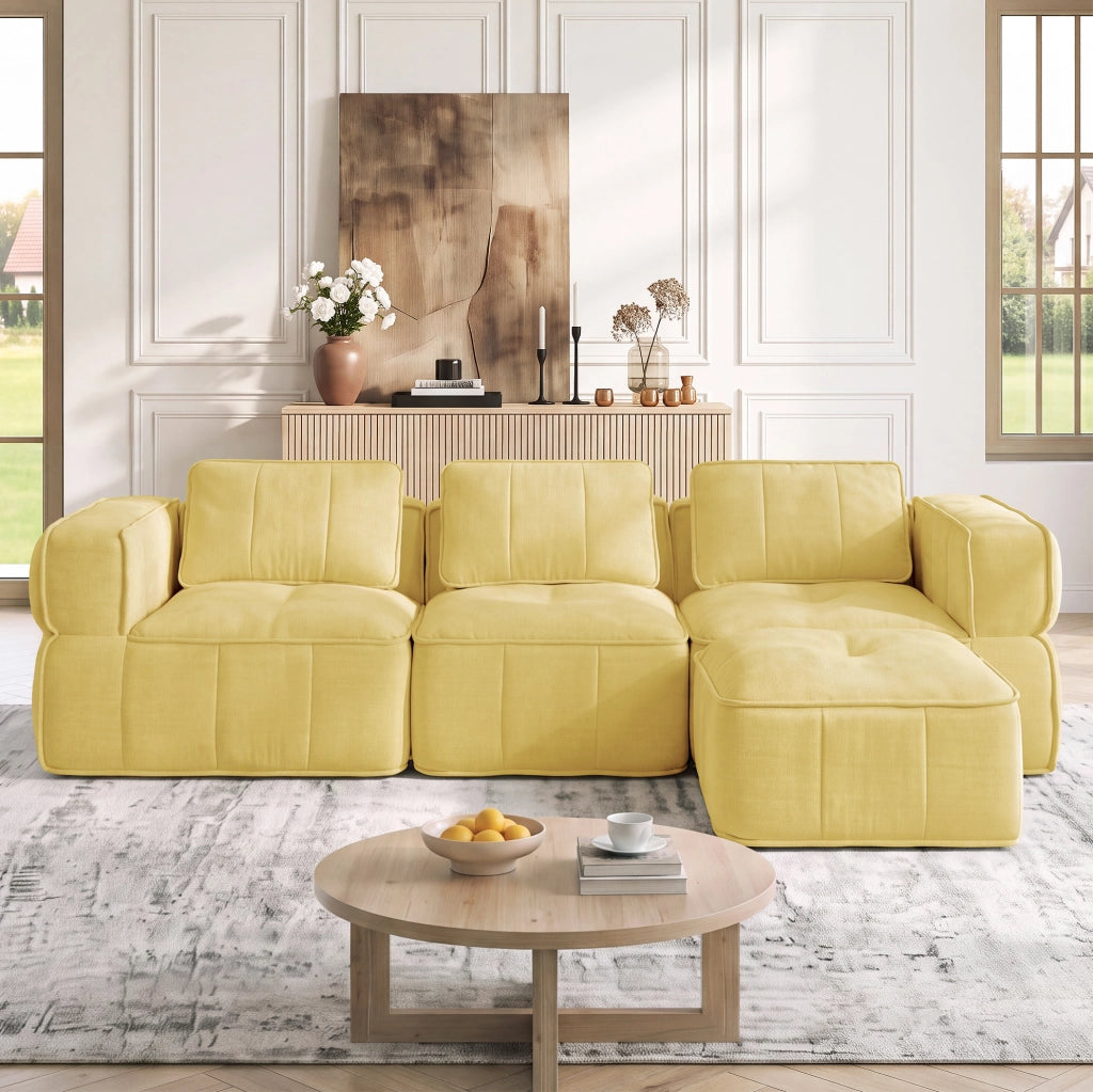 Divano modulare senza telaio giallo con pouf, 271 × 162 × 67 cm