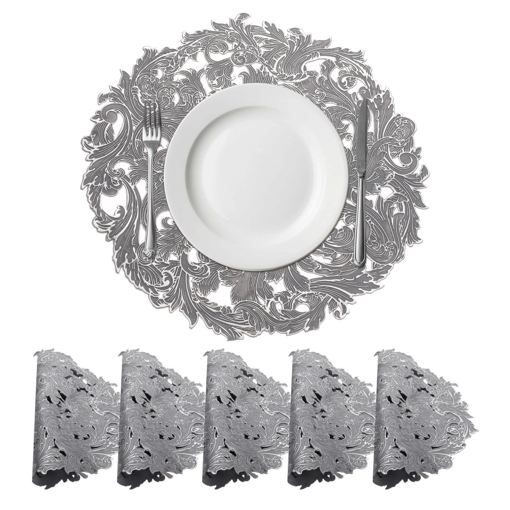 Sottopiatti rotondi in PVC, set da 6, 38 x 38 cm, color argento-grigio, lavabili