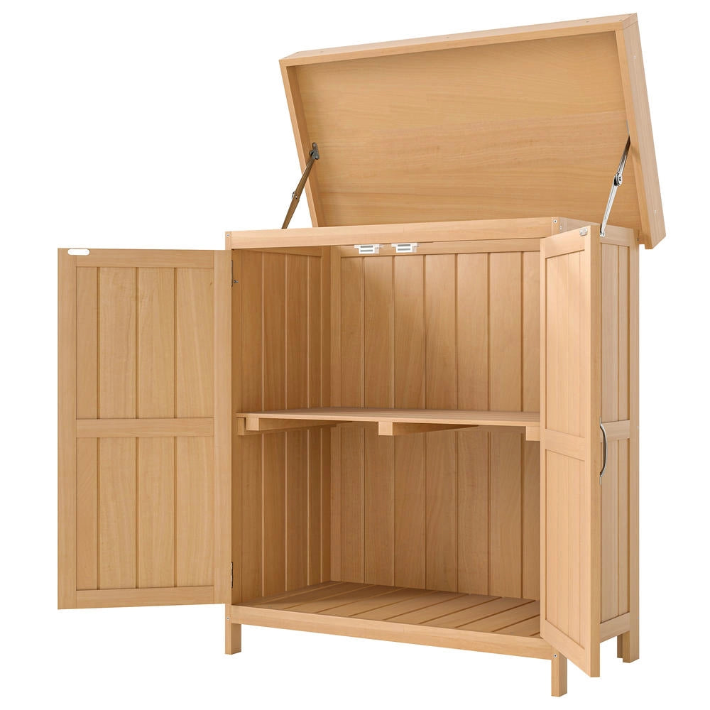 Mobile Armadio da Giardino Porta Attrezzi in Legno Massello di Abete con Doppia Porta Ripiano e Tetto Apribile 74L x 43l x 88H cm