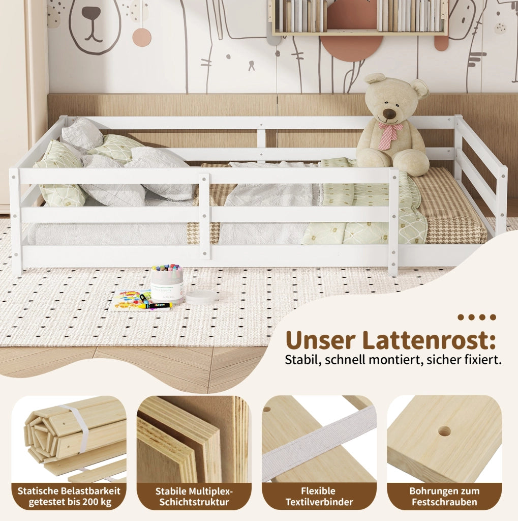Letto Montessori a pavimento in legno massello di pino 140x200 cm bianco con sponde su 4 lati