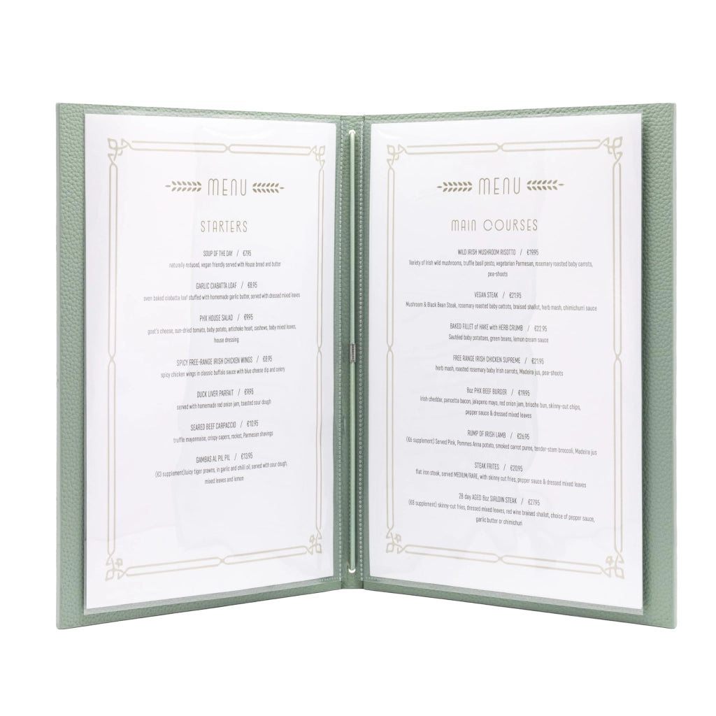 Porta menu A4, color verde menta, in ecoFinto cuoio, dimensioni 315x250 mm, confezione singola