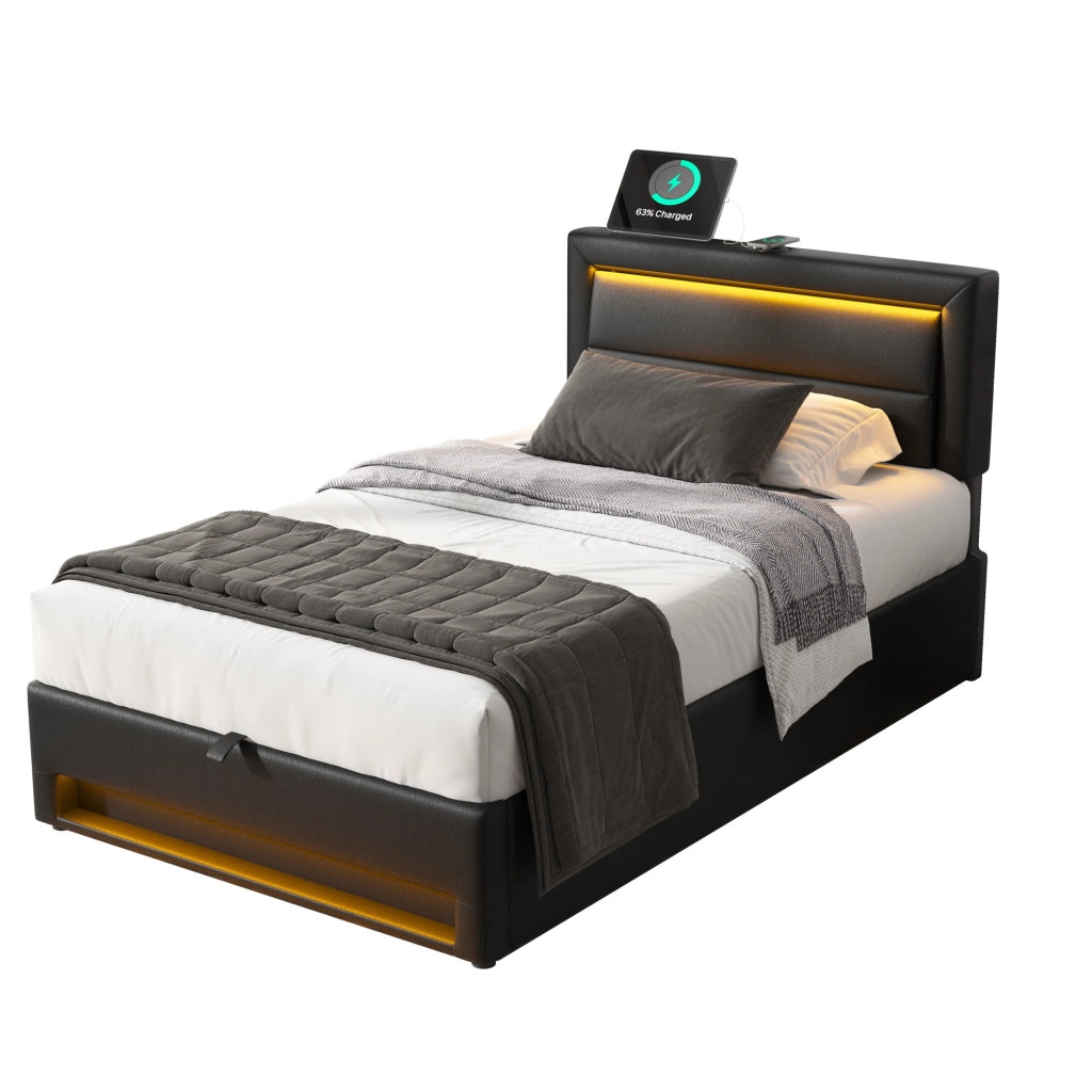 Letto imbottito 90 x 190 cm con contenitore; LED e ricarica USB e wireless; rivestimento in PU nero