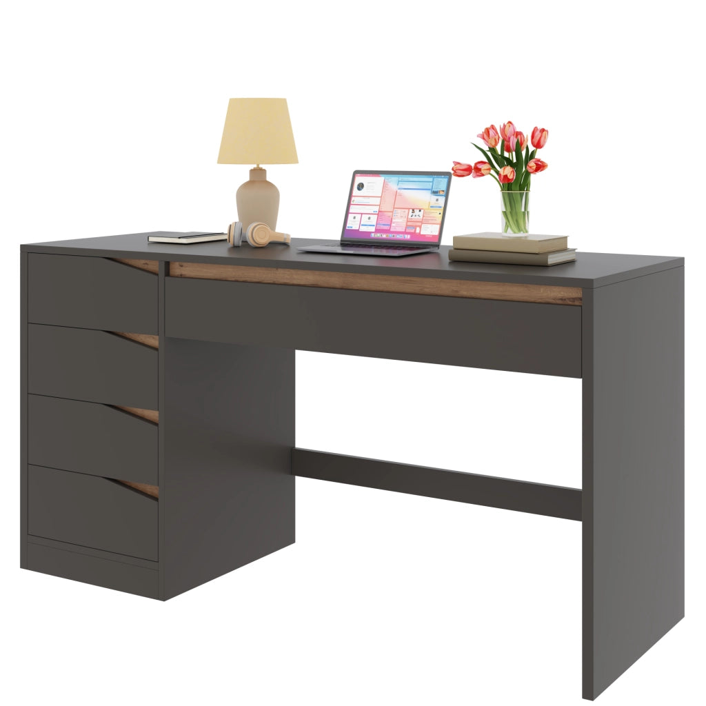 Scrivania grigia e rovere 140 x 50 cm in MDF con 5 cassetti